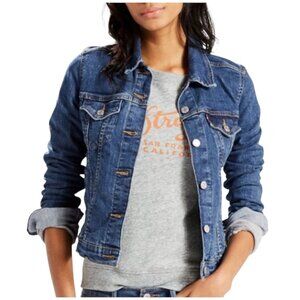 Signature Levi Strauss Denim Jacket Women Sz M Blue Dark Wash Western Trucker